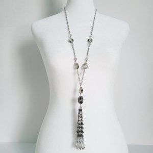 WHBM Silver Plate w/ Clear & Blue Crystal 32-34" Adjustable Tassel Necklace EUC